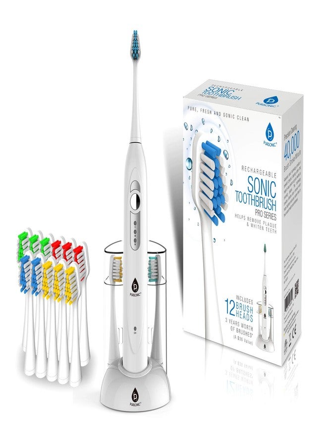 Pursonic S430 SmartSeries Electronic Power Rechargeable Sonic Toothbrush with 40,000 Strokes Per Minute, 12 Brush Heads Included (White - Image 1