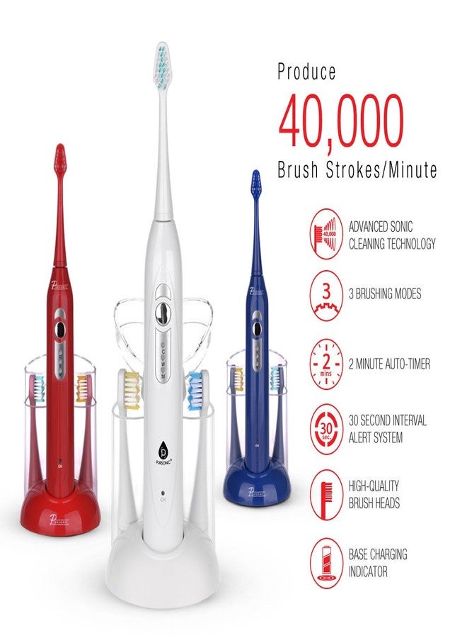 Pursonic S430 SmartSeries Electronic Power Rechargeable Sonic Toothbrush with 40,000 Strokes Per Minute, 12 Brush Heads Included (White - Image 2