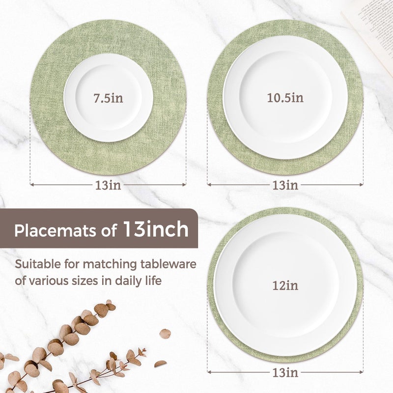 NCUE 13" Round Placemats Set of 6, Reversible Faux Leather Heat Resistant Table Mats, Waterproof Oilproof Wipeable Table Protective Placemats for Vinyl, Washable for Indoor & Outdoor Use (6, Light Green) - Image 2