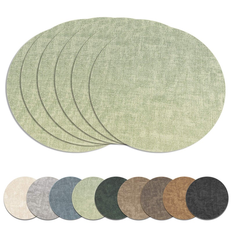 NCUE 13" Round Placemats Set of 6, Reversible Faux Leather Heat Resistant Table Mats, Waterproof Oilproof Wipeable Table Protective Placemats for Vinyl, Washable for Indoor & Outdoor Use (6, Light Green) - Image 1