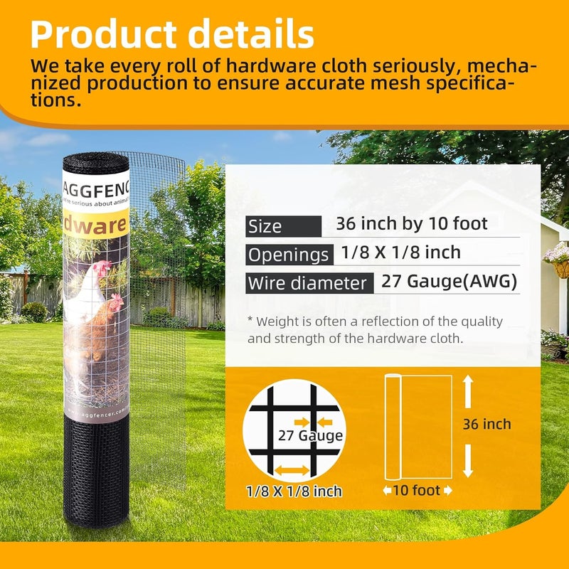 AggFencer 36in x 10ft Black Hardware Cloth 1/8 inch 27Ga PVC Coated Wire Mesh Vinyl Coated Galvanized Wire Mesh Screen Roll, Welded Metal Chicken Wire Fencing, for Garden Plant Fencing Bee Screen - Image 2