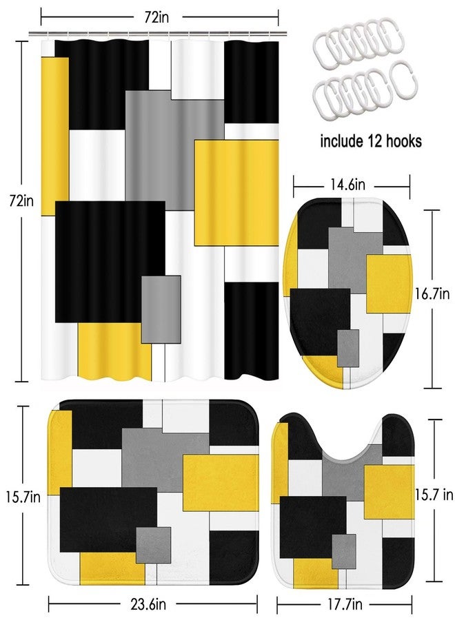 Tayney Yellow Geometric Shower Curtain Set with Toilet Lid Cover and Non-Slip Rugs for Bathroom, Black White Grey Checkered 4 Pcs Shower Curtain, Modern Abstract Bathroom Set with 12 Hooks - Image 2