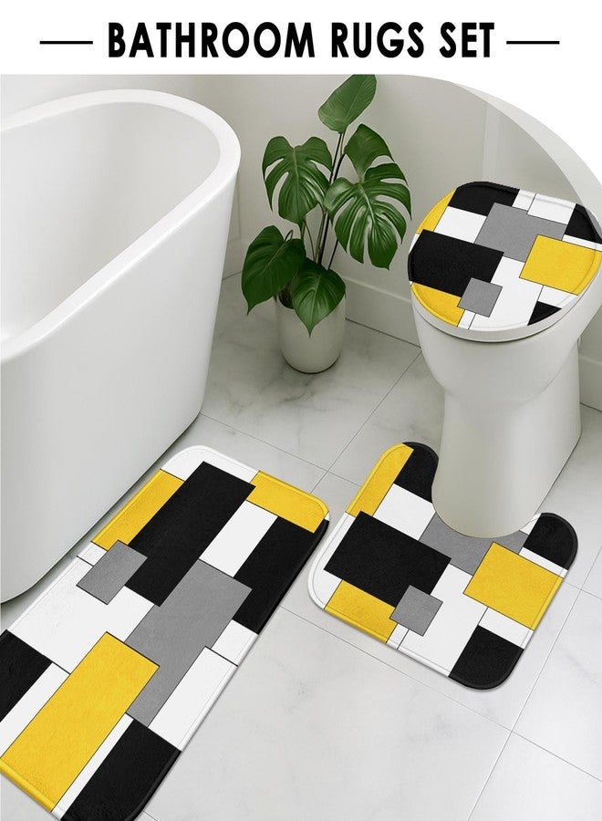 Tayney Yellow Geometric Shower Curtain Set with Toilet Lid Cover and Non-Slip Rugs for Bathroom, Black White Grey Checkered 4 Pcs Shower Curtain, Modern Abstract Bathroom Set with 12 Hooks - Image 5