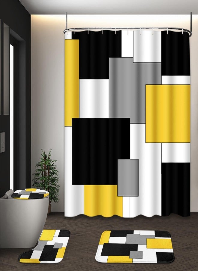 Tayney Yellow Geometric Shower Curtain Set with Toilet Lid Cover and Non-Slip Rugs for Bathroom, Black White Grey Checkered 4 Pcs Shower Curtain, Modern Abstract Bathroom Set with 12 Hooks - Image 1