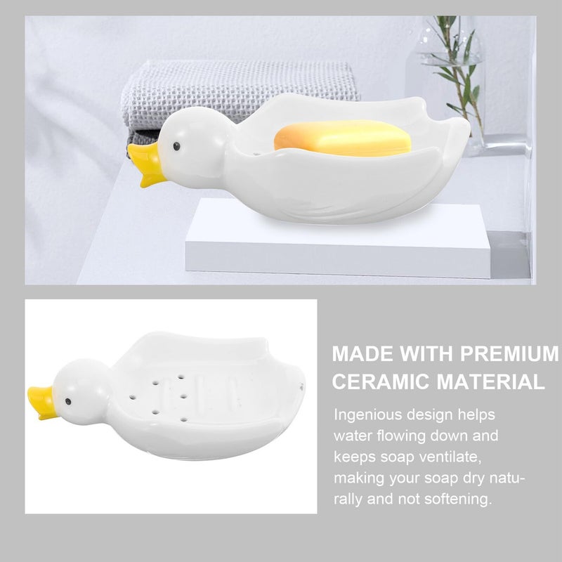 Adorable Duck Shape Ceramic Soap Dish With Self Draining Tray For Kitchen Bathroom - Image 4