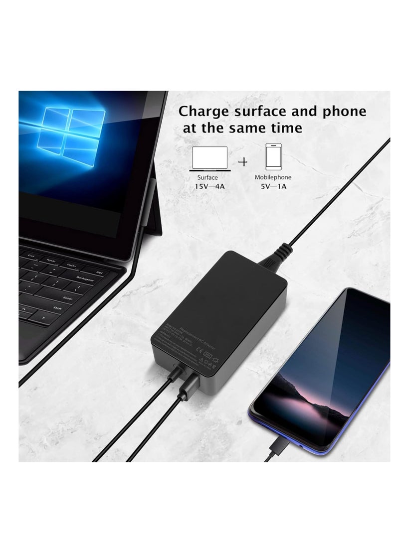 Surface Pro Charger 65W 15V 4A Microsoft Surface Laptop Power Supply for Surface Pro 8/Pro 7/Pro 7+/Pro 6/Pro 5/Pro 4/Pro 3/X, Surface Laptop /4/3/2, Surface Go 3/2, Surface Book 3/2, with USB Port