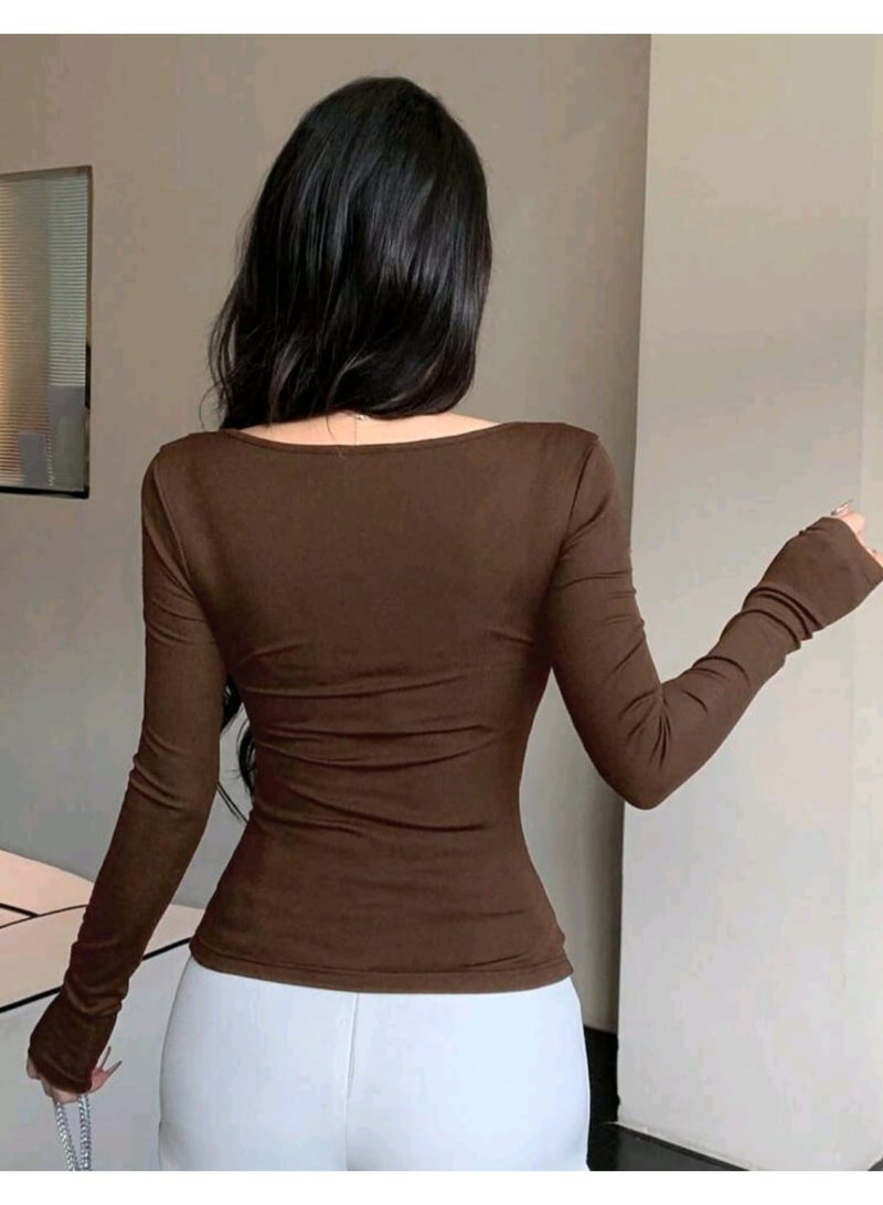 Shein DAZY Women V-Neck Twist Casual Long Sleeve Fitted Undershirt Fall BLOUSE - Image 4