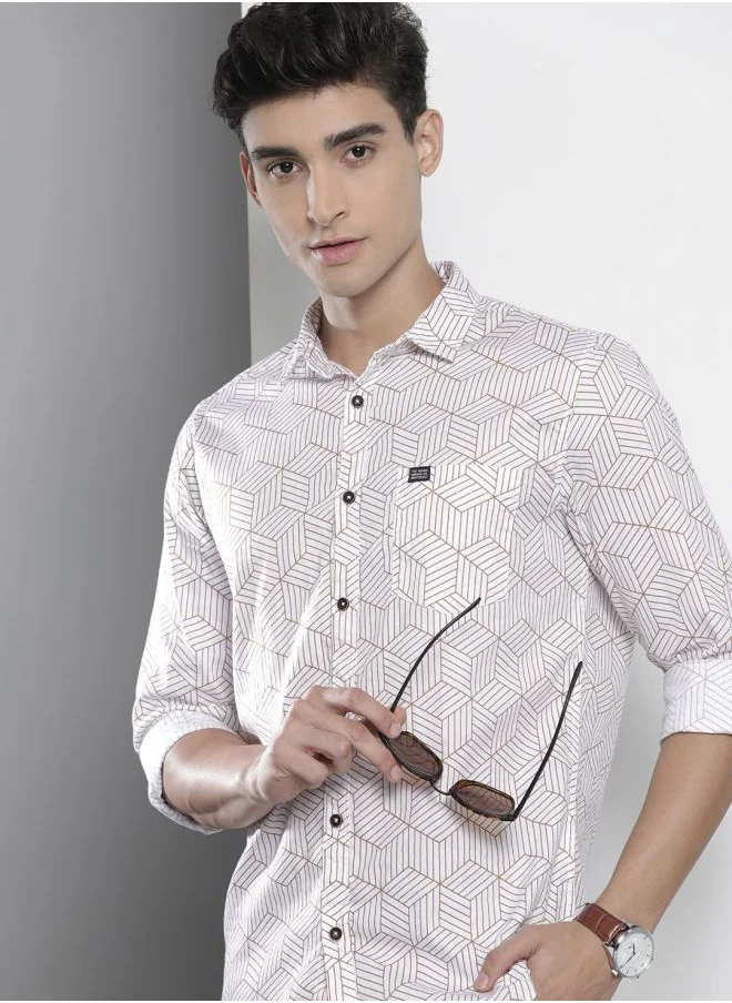 The Indian Garage Co Men Regular Fit Geometric Printed Full Sleeves Spread Collar Casual Shirt