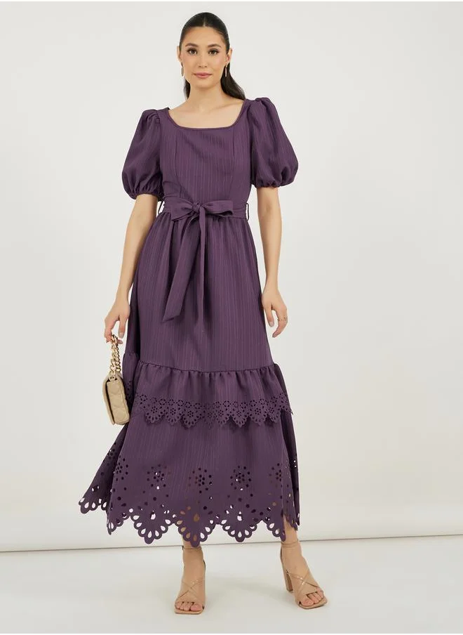 ستايلي Cutwork Design Square Neck Tiered Maxi Dress