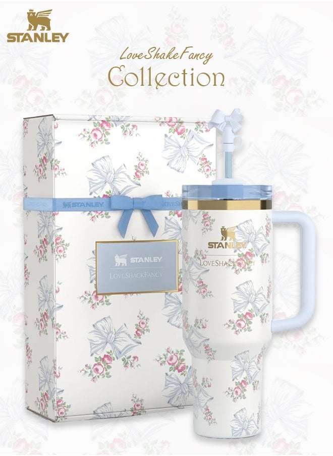 Stanley - Love Shack Fancy H2.0 Flow State 40oz Rosa Beaux Blue Tumbler, Stainless Steel Vacuum Insulated Quencher with Lid, Straw, Pouch and Stopper in Elegant Gift-Ready Packaging, Keeps Drinks Cold for Hours - Image 1