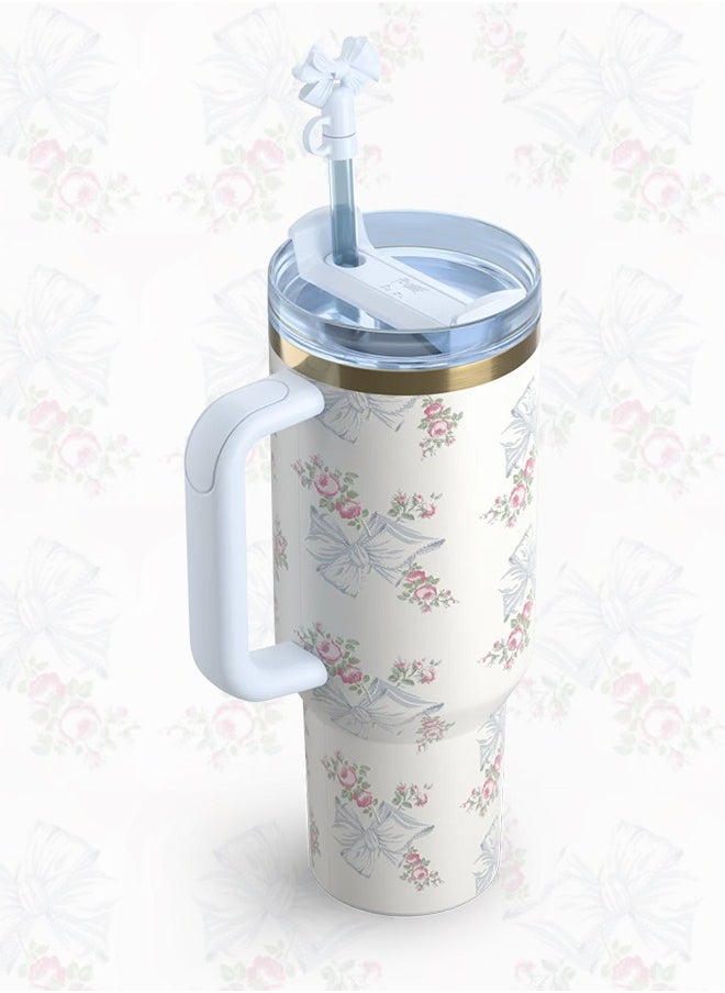 Stanley - Love Shack Fancy H2.0 Flow State 40oz Rosa Beaux Blue Tumbler, Stainless Steel Vacuum Insulated Quencher with Lid, Straw, Pouch and Stopper in Elegant Gift-Ready Packaging, Keeps Drinks Cold for Hours - Image 1