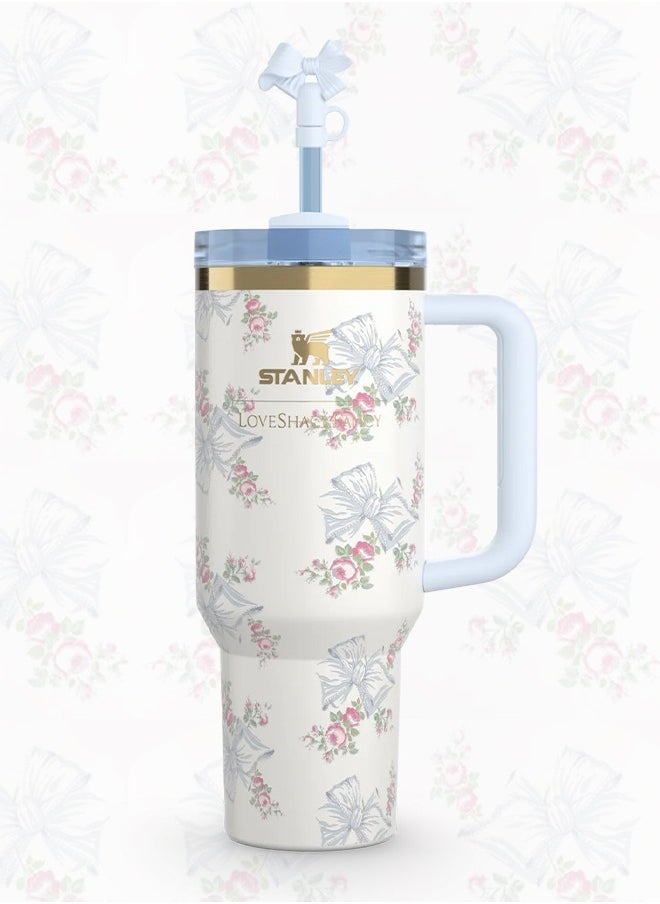 Stanley - Love Shack Fancy H2.0 Flow State 40oz Rosa Beaux Blue Tumbler, Stainless Steel Vacuum Insulated Quencher with Lid, Straw, Pouch and Stopper in Elegant Gift-Ready Packaging, Keeps Drinks Cold for Hours - Image 1