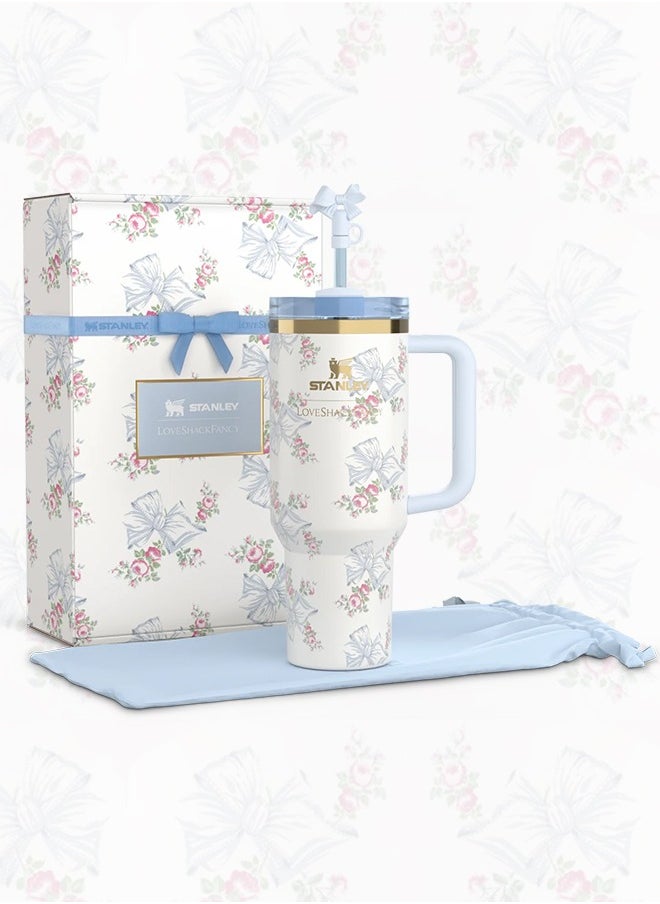 Stanley - Love Shack Fancy H2.0 Flow State 40oz Rosa Beaux Blue Tumbler, Stainless Steel Vacuum Insulated Quencher with Lid, Straw, Pouch and Stopper in Elegant Gift-Ready Packaging, Keeps Drinks Cold for Hours - Image 1