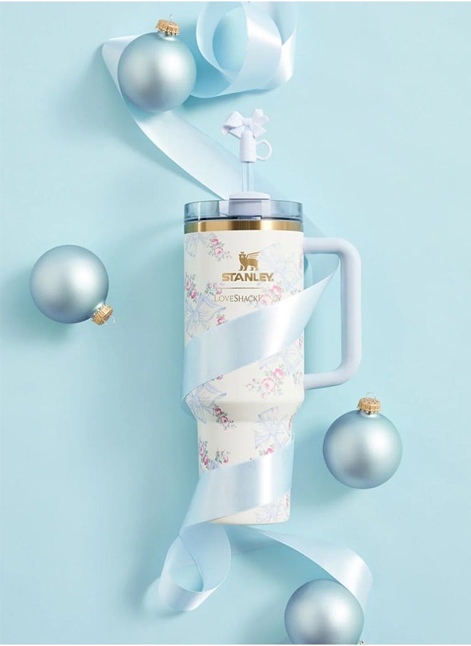 Stanley - Love Shack Fancy H2.0 Flow State 40oz Rosa Beaux Blue Tumbler, Stainless Steel Vacuum Insulated Quencher with Lid, Straw, Pouch and Stopper in Elegant Gift-Ready Packaging, Keeps Drinks Cold for Hours - Image 1
