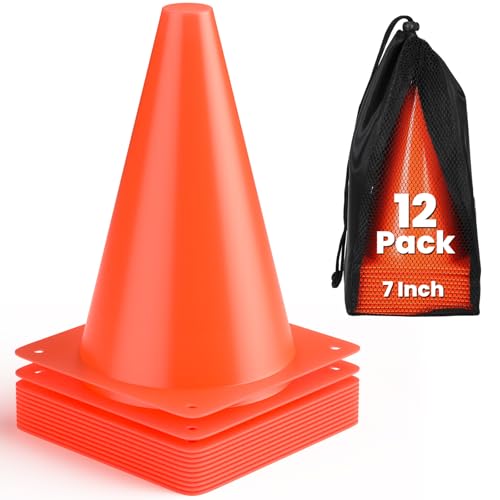 GHB 7 Inch Soccer Cones 12 Pack Disc Soccer Sport Cones Training Field Marker Agility Cones for Basketball, Coaching, Practice Equipment Includes Drills Guide (7" 12Pcs Orange) - Image 1