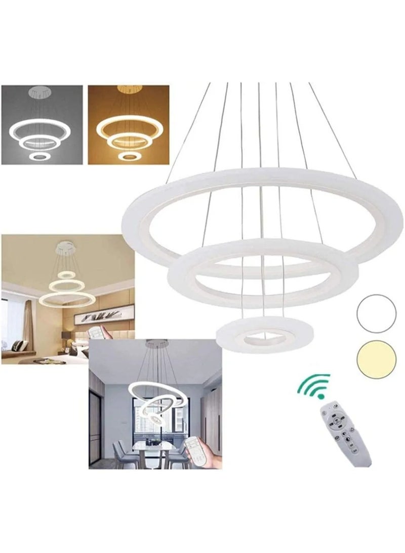 الثريات ثريا بتصميم هندسي يتكون من حلقات LED دائرية ب3 ألوان متدرجة،معلقة بأسلاك رفيعة تمنح الإحساس بالخفة والإنسيابية،تضفي هذه الثريا لمسة فنية ساحرة على المساحات الداخلية،مثالية لغرفة المعيشة وغرفة الطعام مع جهاز تحكم عن بعد  - Image 2