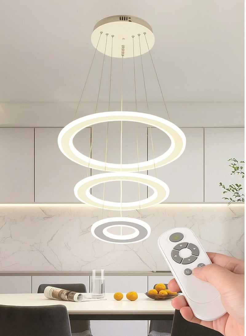 الثريات ثريا بتصميم هندسي عصري يتكون من حلقات LED دائرية معلقة بأسلاك رفيعة،3 ألوان متدرجة من الإنارة،ثريا LED متوافقة مع المساحات الداخلية،مثالية لغرفة المعيشة وغرفة الطعام - Image 5