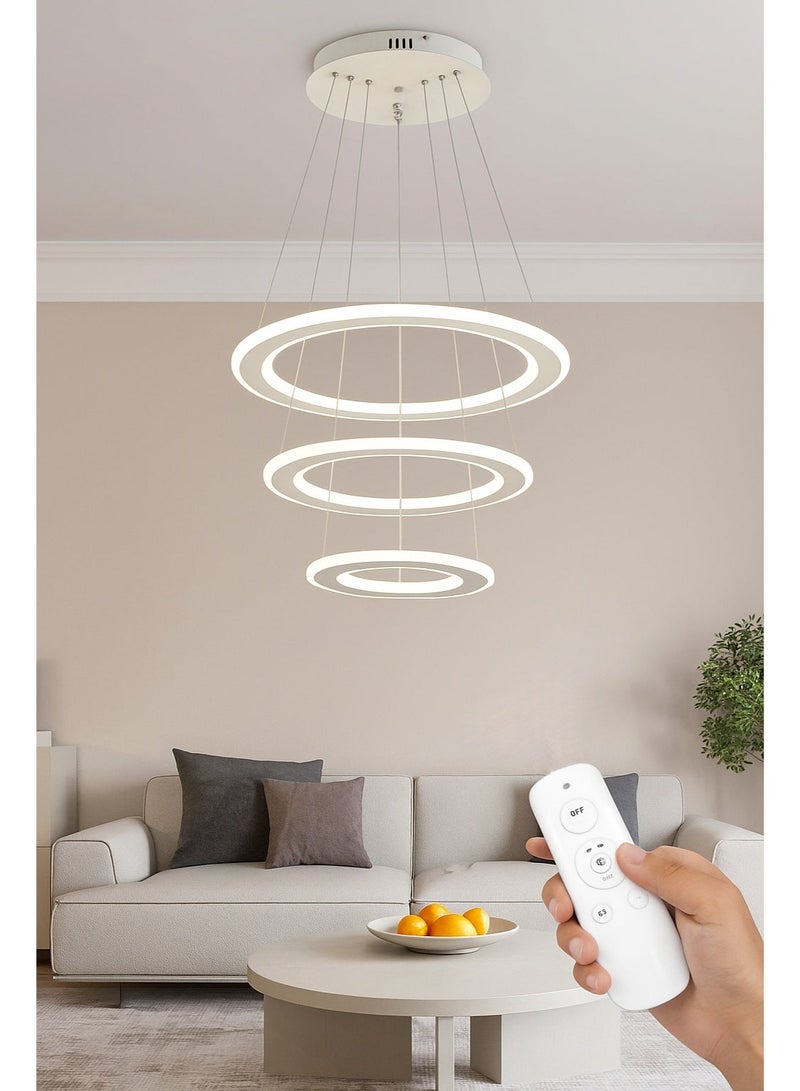 الثريات ثريا بتصميم هندسي عصري يتكون من حلقات LED دائرية معلقة بأسلاك رفيعة،3 ألوان متدرجة من الإنارة،ثريا LED متوافقة مع المساحات الداخلية،مثالية لغرفة المعيشة وغرفة الطعام - Image 2