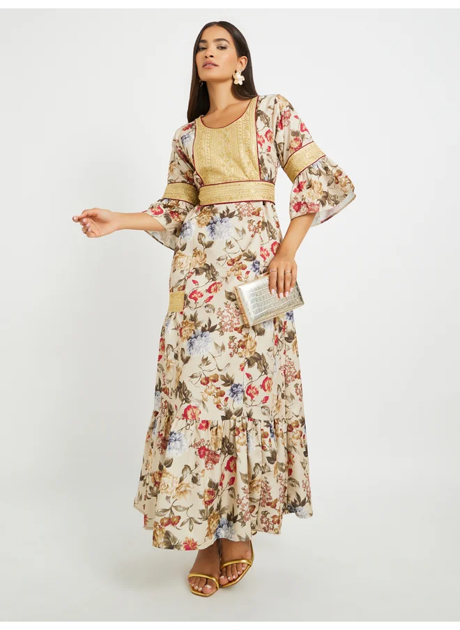 Maxim Creation Maxim Creation Floral Print 3/4 Sleeves Jalabiya with Embroidered Detail