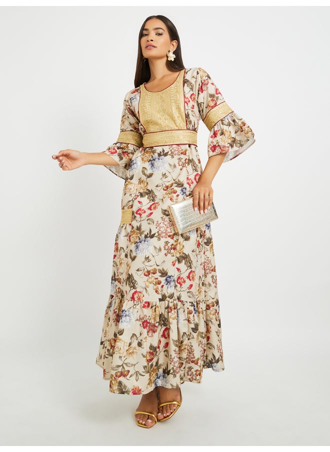 Maxim Creation Maxim Creation Floral Print 3/4 Sleeves Jalabiya with Embroidered Detail  - Image 2
