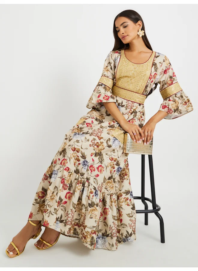 Maxim Creation Maxim Creation Floral Print 3/4 Sleeves Jalabiya with Embroidered Detail