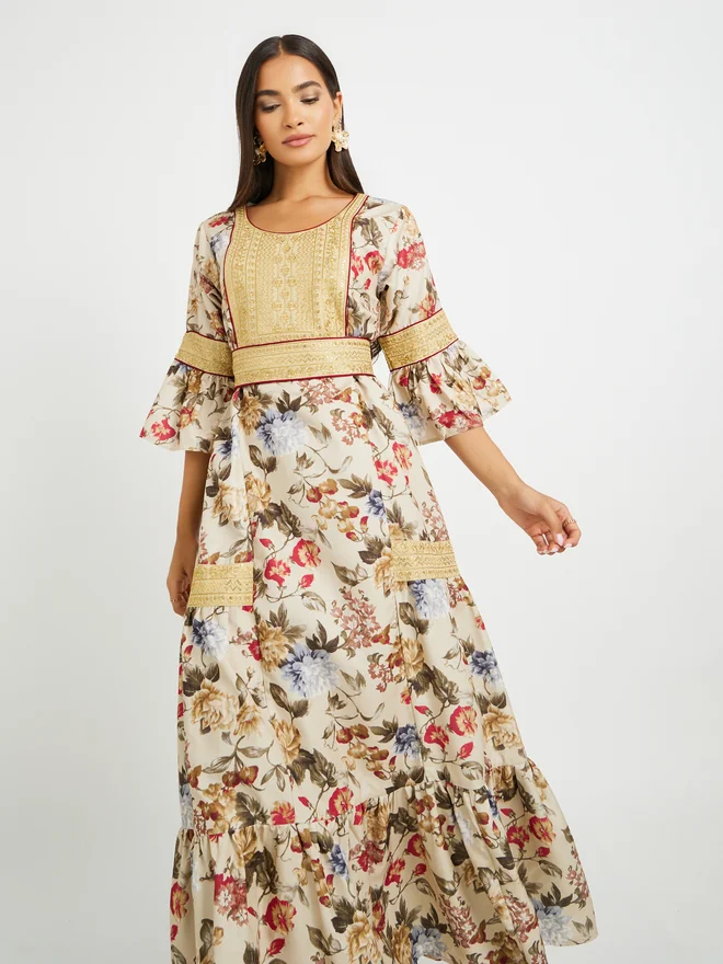 Maxim Creation Maxim Creation Floral Print 3/4 Sleeves Jalabiya with Embroidered Detail