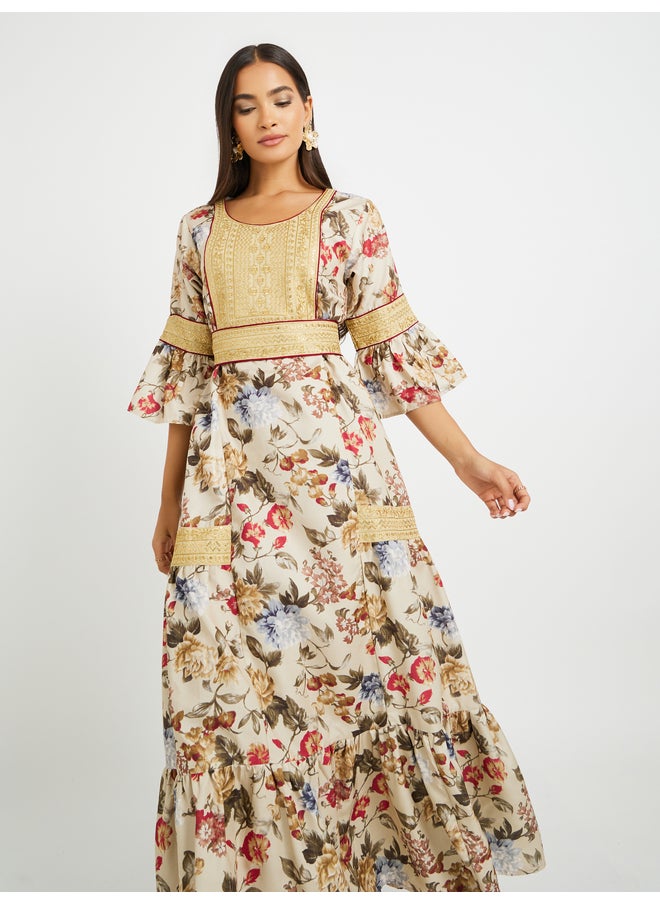 Maxim Creation Maxim Creation Floral Print 3/4 Sleeves Jalabiya with Embroidered Detail  - Image 4