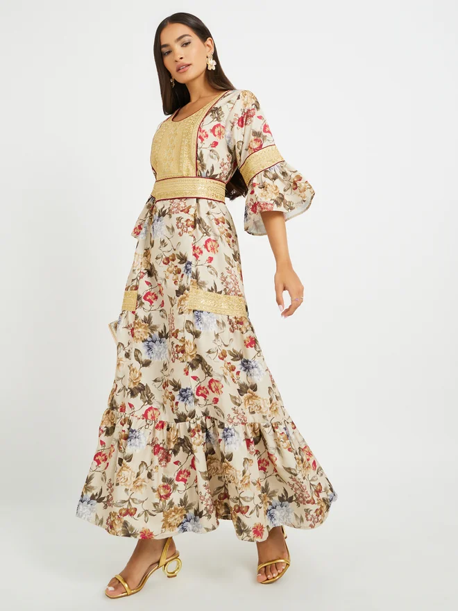 Maxim Creation Maxim Creation Floral Print 3/4 Sleeves Jalabiya with Embroidered Detail