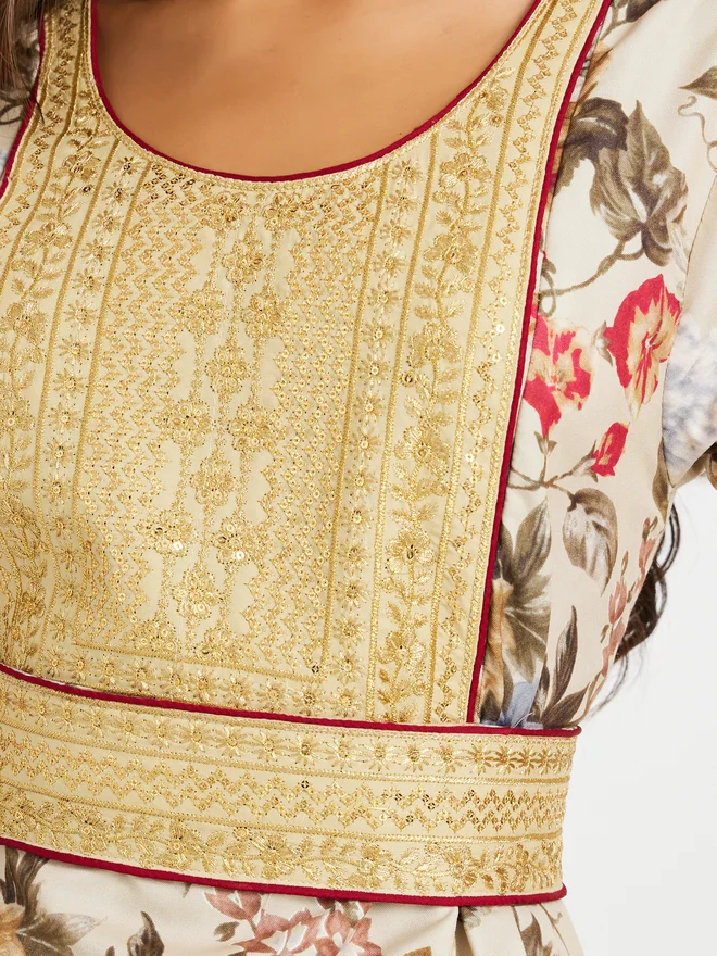 Maxim Creation Maxim Creation Floral Print 3/4 Sleeves Jalabiya with Embroidered Detail