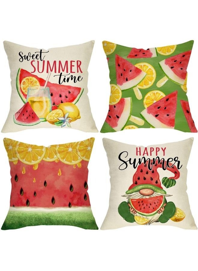 Generic Summer Time Watermelon Gnome Decorative Throw Pillow Cove Set of 4, Lemon Watercolor Porch Outdoor Home Decor - Image 1