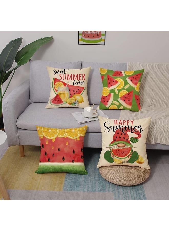 Generic Summer Time Watermelon Gnome Decorative Throw Pillow Cove Set of 4, Lemon Watercolor Porch Outdoor Home Decor - Image 4