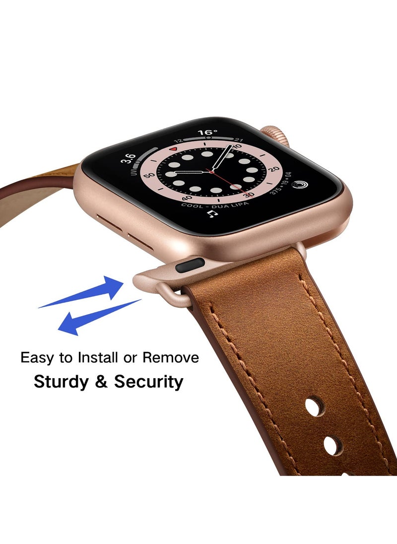 Generic - Stylish Genuine Leather Apple Watch Band for Women, Compatible with 49mm, 45mm, 44mm, 42mm Models, Brown with Rose Gold Clasp, Fits Ultra 2/1, SE, Series 9/8/7 - Image 1