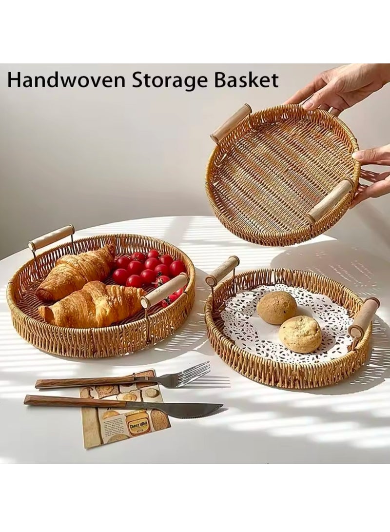 3 Pcs Set Food Plate Handwoven Plastic Rattan Storage Tray Round Shape Fruit Vegetable Cake Wicker Rattan Threads Basket With Handle  - Image 1