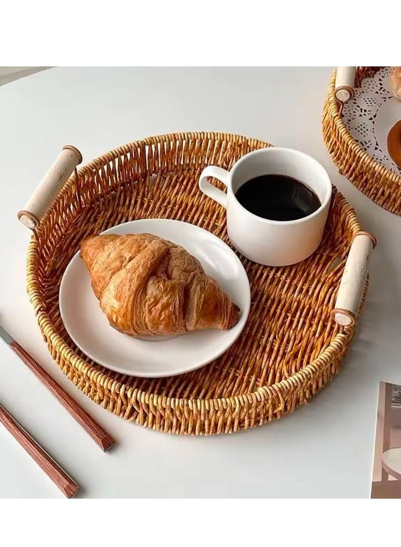3 Pcs Set Food Plate Handwoven Plastic Rattan Storage Tray Round Shape Fruit Vegetable Cake Wicker Rattan Threads Basket With Handle  - Image 2