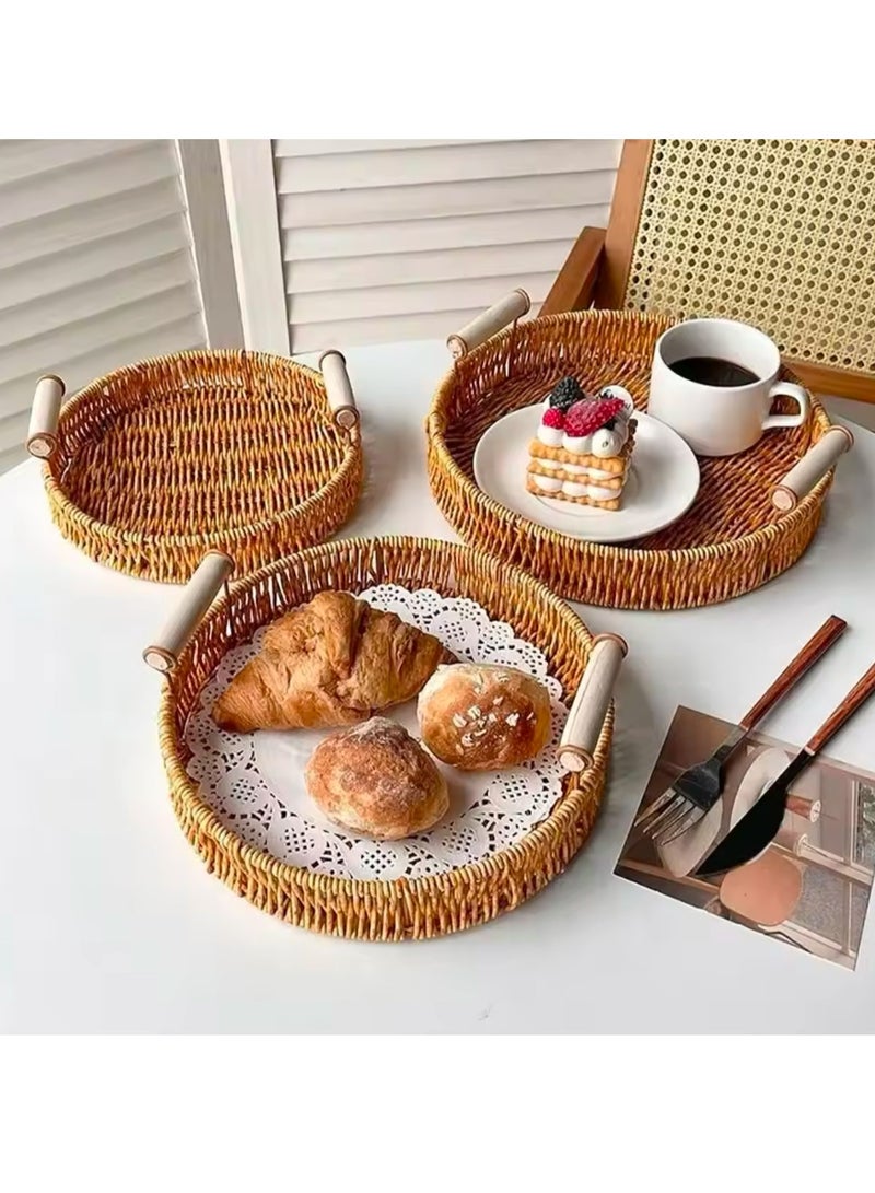3 Pcs Set Food Plate Handwoven Plastic Rattan Storage Tray Round Shape Fruit Vegetable Cake Wicker Rattan Threads Basket With Handle  - Image 3