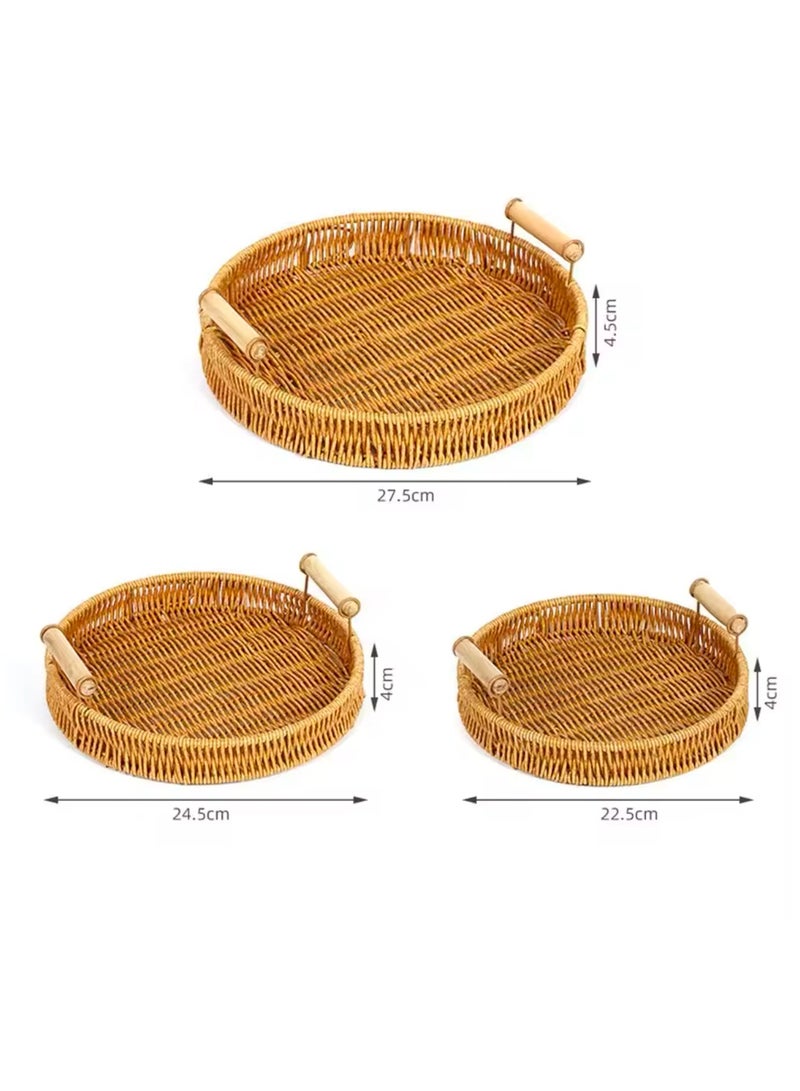 3 Pcs Set Food Plate Handwoven Plastic Rattan Storage Tray Round Shape Fruit Vegetable Cake Wicker Rattan Threads Basket With Handle  - Image 4