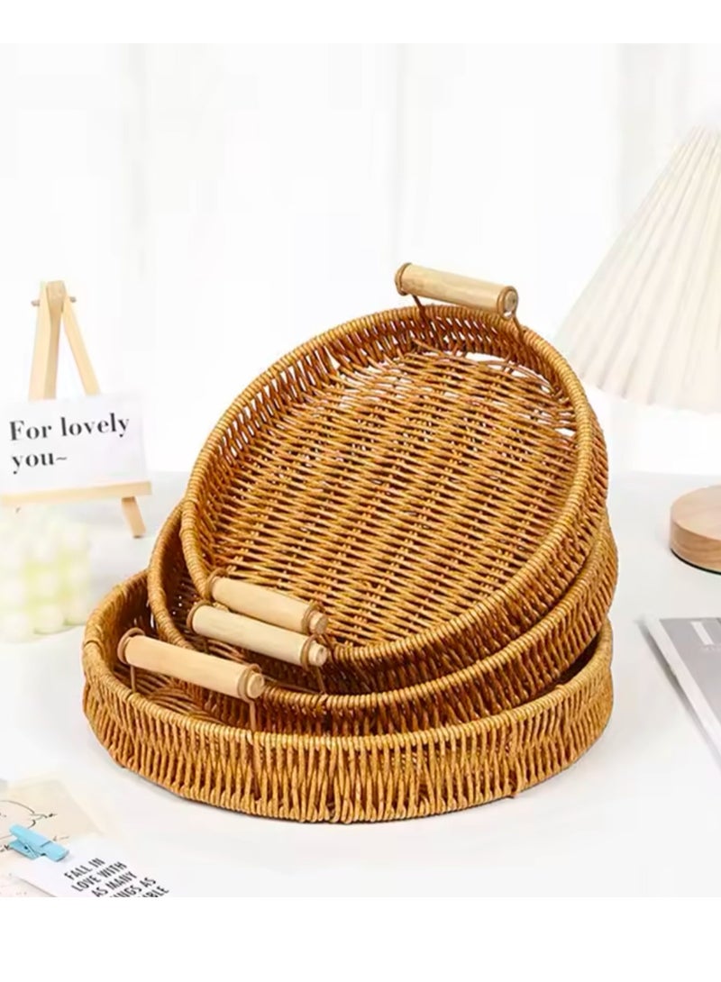 3 Pcs Set Food Plate Handwoven Plastic Rattan Storage Tray Round Shape Fruit Vegetable Cake Wicker Rattan Threads Basket With Handle  - Image 5