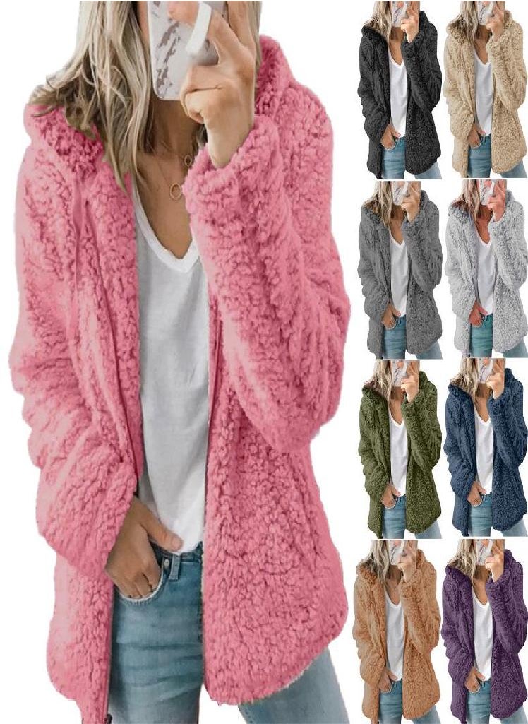 Eckek - Coats for Women Wool Fur Fluffy Furry Coat Fleece Jackets Hooded Long Sleeve Winter Warmer Plush Fleece Cardigan - Image 1