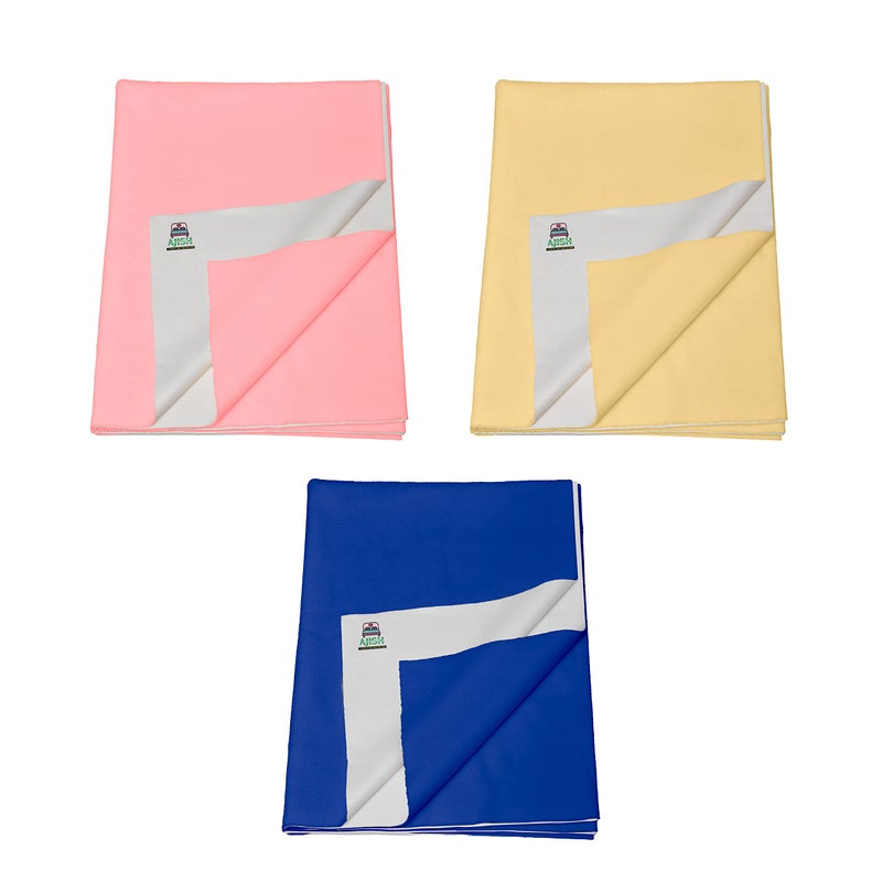 AJISH Pack of 3, Baby Bed Protector Reusable - Soft Cotton 100% Waterproof High Absorbent Faster Dry Sheet - Best for New Born Babies & Toddler Children (Medium - 70X100CM) (Pink,Yellow,Navy Blue) - Image 1