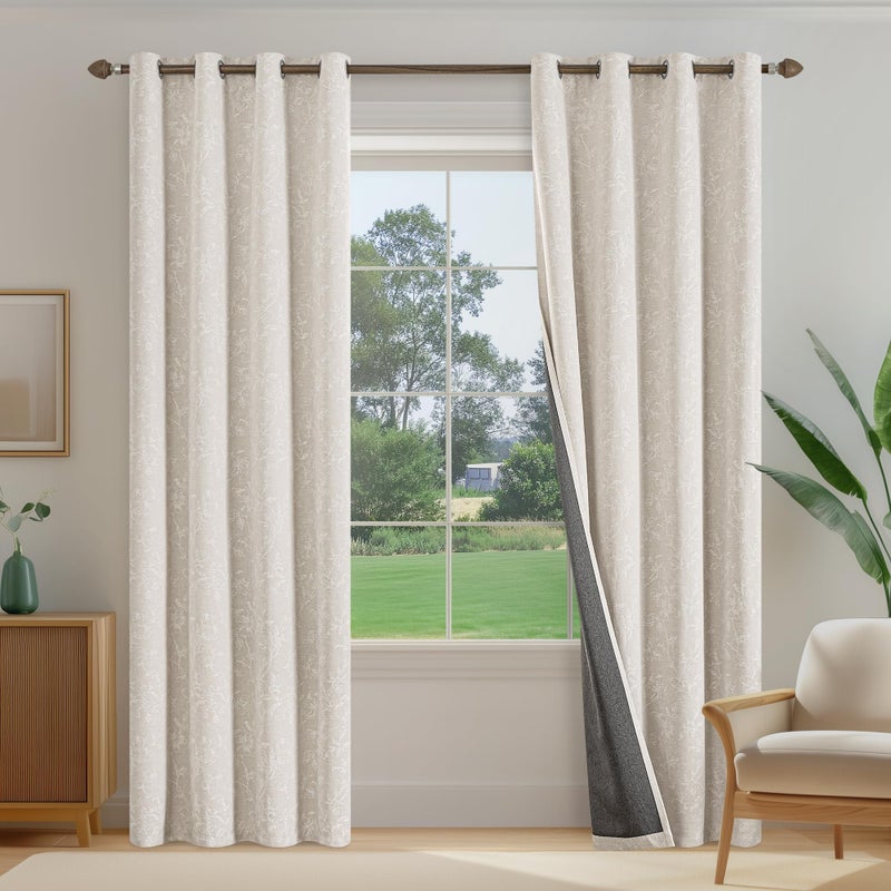 Xwincel Beige Floral Jacquard Blackout Curtains 84 Inches Long for Bedroom, Flower Chenille Rustic Farmhouse Curtains Living Room Darkening Thermal Insulated Drapes, Grommet Window Curtains 2 Panels - Image 2