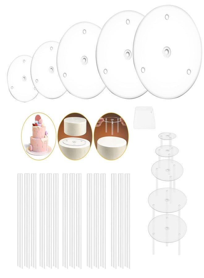 JIELUO 5 Pieces Cake Separator Plates Stands, Cake Base with 15 Pieces Plastic Cake Dowels Rods, Reusable for Tiered Stacked Cakes, for Wedding Birthday Party Festival. - Image 1