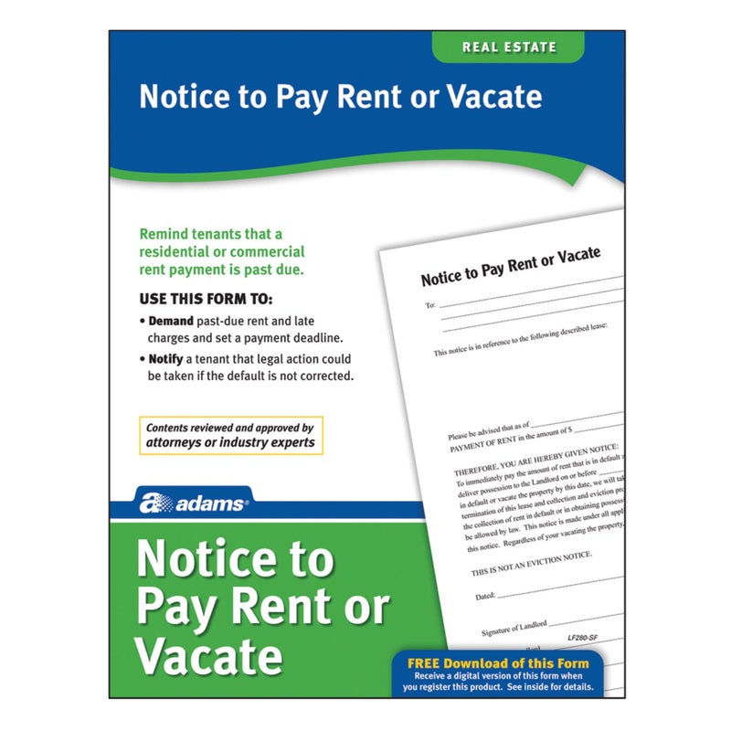 Adams Notice to Pay Rent or Vacate, Forms and Instructions [Print and Downloadable] (LF280), White - Image 1