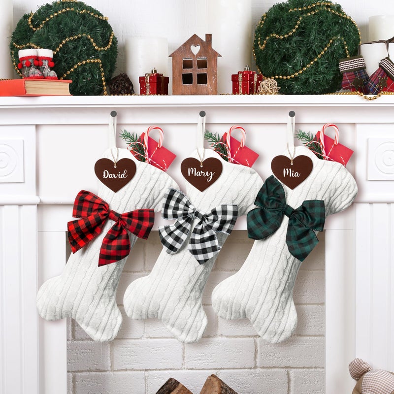WATINC Pet Christmas Stockings Personalized 3 Pack Large Bone Shape Stocking with Wooden Name Tag Pet Dog Knit Christmas Hanging Stockings for Xmas Eve Party Fireplace Tree Gift Decoration - Image 2