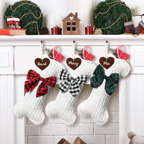 WATINC Pet Christmas Stockings Personalized 3 Pack Large Bone Shape Stocking with Wooden Name Tag Pet Dog Knit Christmas Hanging Stockings for Xmas Eve Party Fireplace Tree Gift Decoration - Image 1