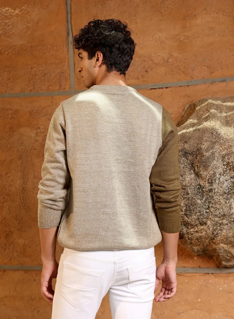 CAHOOT  Men's Sand Beige Textured-Jacquard Knit Pullover Sweater | Round Neck , Ribbed Cuff Sleeves , Pull On Closure , Ribbed-Straight Hem | Solid Jacquard For Casual & Daily Wear for Men | Best Price UAE