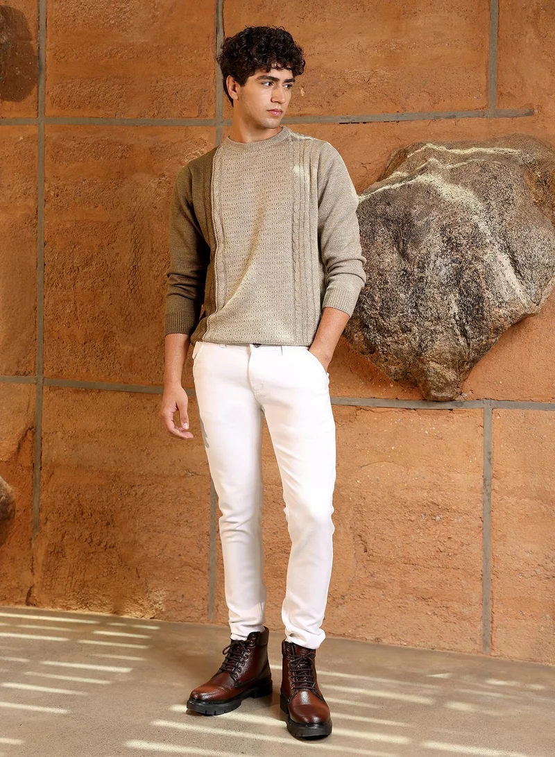 CAHOOT  Men's Sand Beige Textured-Jacquard Knit Pullover Sweater | Round Neck , Ribbed Cuff Sleeves , Pull On Closure , Ribbed-Straight Hem | Solid Jacquard For Casual & Daily Wear for Men | Best Price UAE