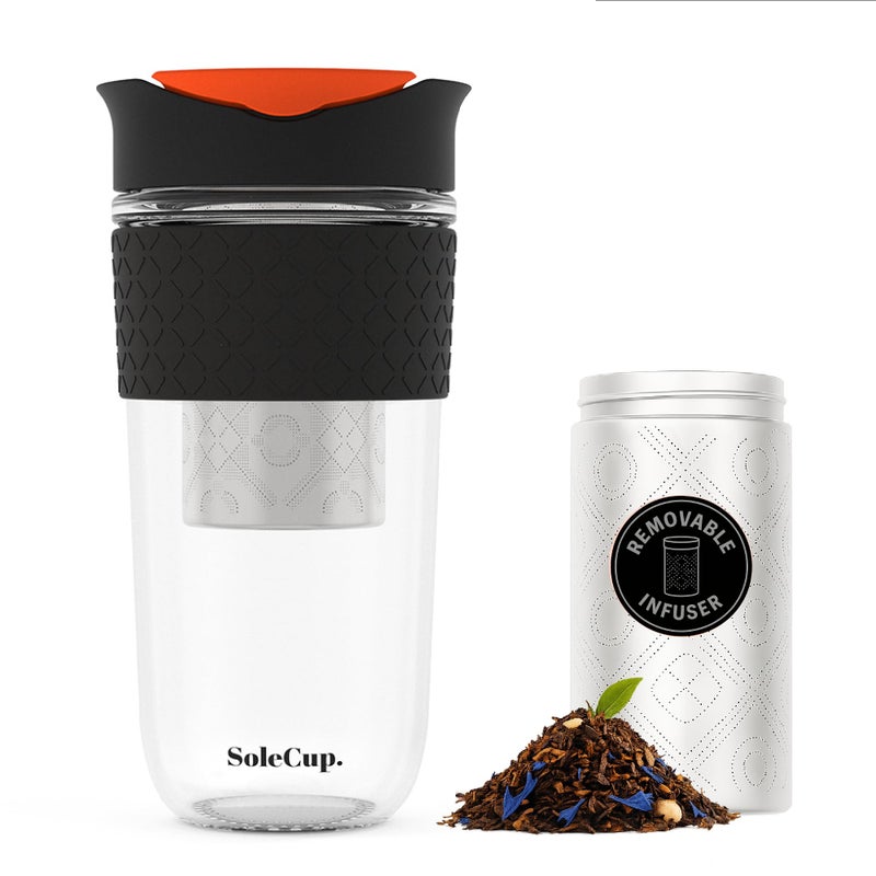 SoleCup Large Travel Mug Loose Tea Infuser Detachable Tea Strainer with Spill Proof Lid 18oz530ml BPAFree Reusable Glass Travel Coffee Cup with Silicone Band Black