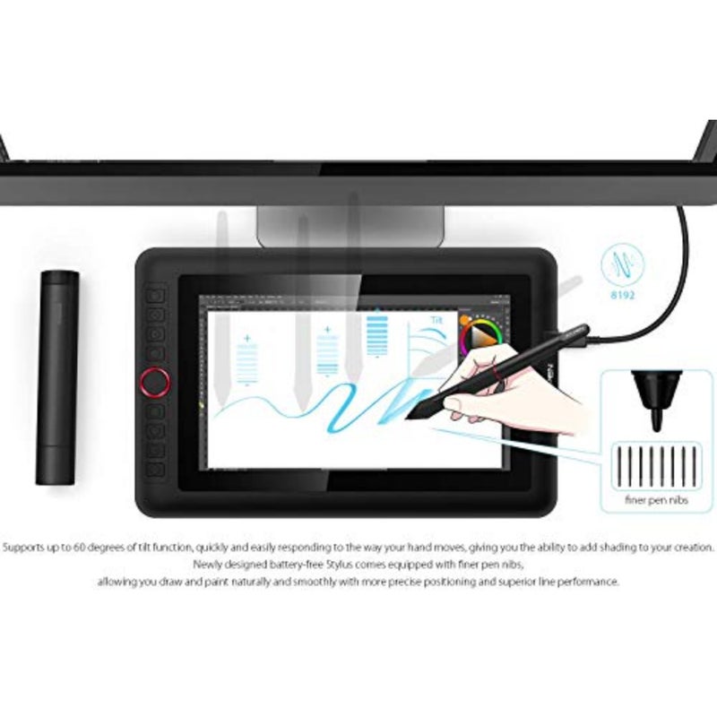 Digital art studio: full-laminated 11.6-inch drawing monitor tablet with tilt-sensitive battery-free stylus, 8192 pressure levels, 72 NTSC color gamut, 8 shortcut keys, black aluminum body - Image 2