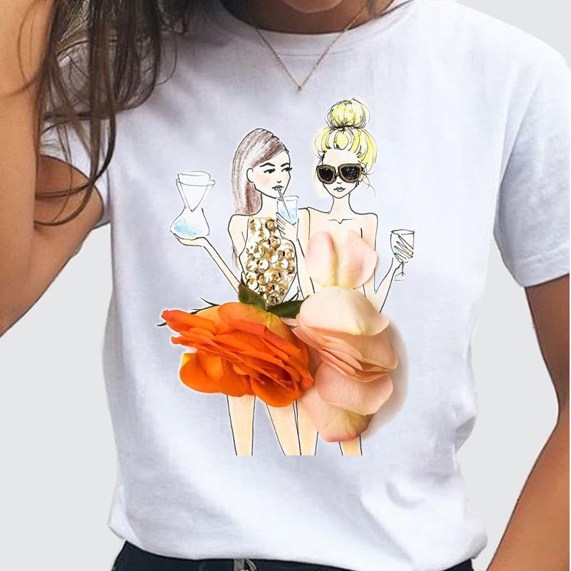 Flowers Best Friend Model Shrimp Round Neck Printed White T-Shirt Short Sleeve Women'S Wear - Image 2