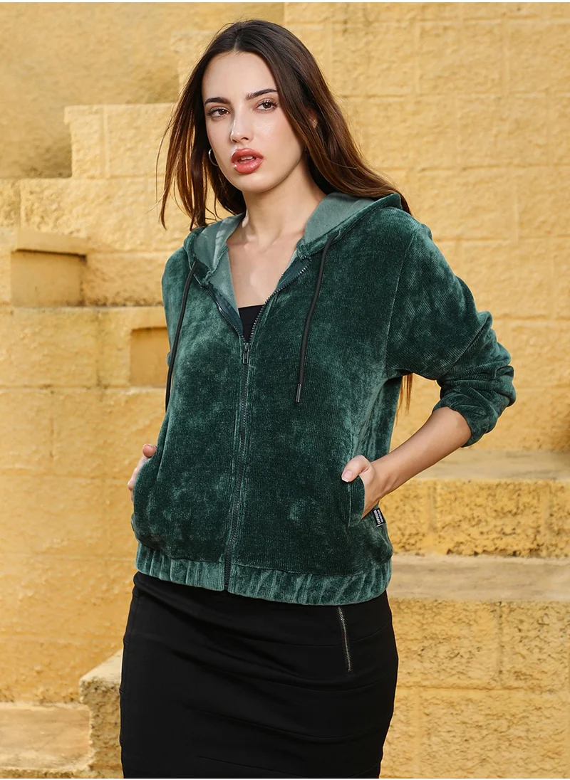 كامبوس سوترا Women's Emerald Green Zip-Front Ribbed Hoodie